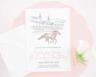 Churchill Downs Race Horse & Jockey | Watercolor Printable Invitation Download | Horse Racing or Kentucky Derby Party | Pink Gingham | 0106