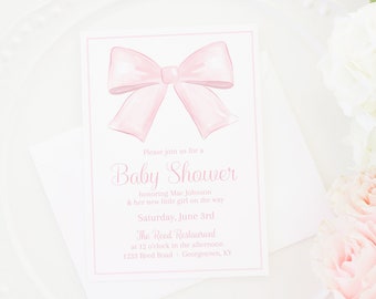 Pink Bow Baby Shower Invitation | Watercolor Pink Bow Theme Baby Shower | Girl | Pretty Baby Shower Invitation | Girly Baby Shower 1017 5007