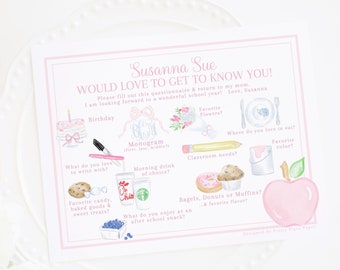 Pink Teacher Favorite Things | Watercolor Get to Know the Teacher Questionnaire | Printable & Editable | Back to School Survey 1055 10551
