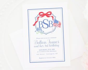 Convite | 5x7 | TODO o texto é editável | Festa de aniversário branca & azul vermelha | 4 de julho | Crista da bandeira americana em aquarela para menina | 9001