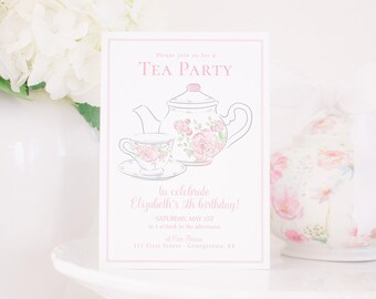 Invitación a la fiesta del té en acuarela / Cresta de la fiesta del té / Patrón chinoiserie / Tetera floral rosa y blanca e invitación a la taza de té con lazo / 1068