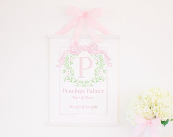 Hospital Door Sign Printable | 8x10 or 16x20 | Watercolor Pink Bow & Wreath | Baby Announcement | Welcome Newborn Stats with Monogram  10002