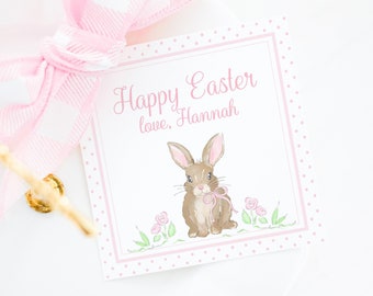 Easter Tag | Brown Bunny with Pink Bow and Flowers | 3.5x3.5 Printable Download | Watercolor Happy Easter Gift Tag | Classmate School | 1022