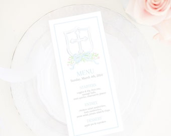 Menu | 4x9 | Watercolor Baptism Crest | Gender Neutral | Blue Pink Green | Cross & Bow | Traditional Baby Dedication | 3001