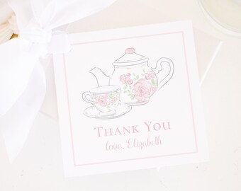 Etiqueta de favor de fiesta de té de acuarela / fiesta de té / patrón chinoiserie / bonita tetera floral rosa y blanca e invitación a taza de té con lazo / 1068