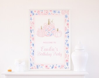 Watercolor Pink Floral Pumpkin Welcome Sign 24x36 | Gingham Pumpkin Birthday Sign with Bow | Our Little Pumpkin Birthday or Baby Shower 1057