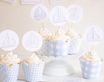 Watercolor Sailboat Cupcake Toppers | Printable Download | Sailboat Cupcake Topper | Blue Gingham Sailboat Birthday or Baby Shower | 3006