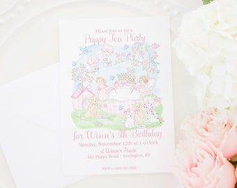 Invitation | Puppy Tea Party | 5x7 Printable | Watercolor Puppy Tea Party Birthday Invite | Pink Puppy Party with Bow | Dog Paw-ty | 5023