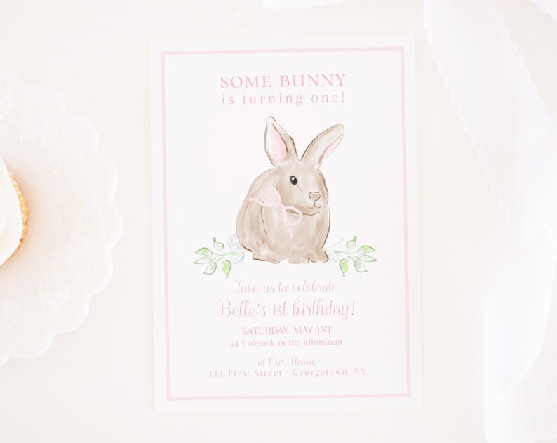 Watercolor Some Bunny is ONE Invitation Watercolor Pink Bunny Birthday Invitation Girl Bunny with Bow Baby Bunny Baby Shower