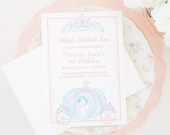 Invitación / 5x7 imprimible / Cumpleaños de princesa acuarela / Lazo rosa / Toile floral azul / Carro de calabaza de Cenicienta / Fiesta del té / 3010