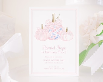 Watercolor Pumpkin Birthday Invitation | Pink Floral & Gingham Pumpkin Invitation with Bows | Our Little Pumpkin Invitation Birthday | 1057