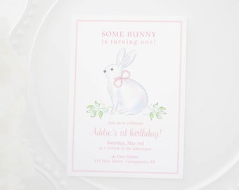Watercolor White Bunny Birthday Invitation with Pink Bow | Watercolor Some Bunny is ONE | Pretty Bunny First Birthday Invite | 1079 5003