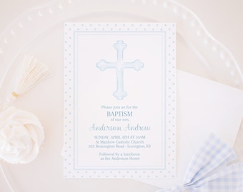 Watercolor Baptism Invitation | Watercolor Blue Baptism Invitation | Traditional Baptism Invitation | Baby Dedication to Church for Boy 3001