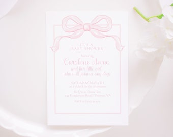Watercolor Pink Bow Invitation | Editable Text | Baby Shower, Birthday, Bridal Shower | Pink Bow Birthday | Bow First Birthday 1st | 5006