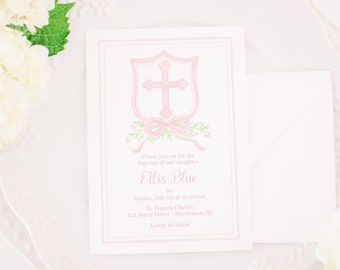 Watercolor Crest Baptism Invitation with Cross in Pink | Pink Traditional Baptism Invitation | Baby Dedication for Girl | 5005