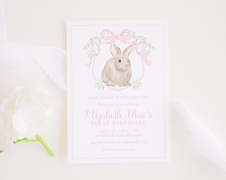 Watercolor Some Bunny is ONE Invitation Watercolor Pink Bunny Birthday Invitation Girl Bunny Crest with Bow Bunny First