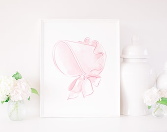 Aquarell Pink Bonnet Artwork Print | 8x10 oder 16x20 | Druckbare Download | Grandmillennarium Kinderzimmer Kunstwerk | Mütze Schleife Baby Mädchen | 5007