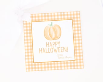 Pumpkin & Orange Gingham Halloween Treat or Gift Tag | Orange Pumpkin School Treat Tag | Watercolor Printable Label Favor Download | 1014