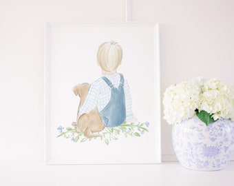 Aquarell Kleiner Junge & Welpe | 8x10 oder 16x20 | Druckbarer Download | Grandmillennial Kunst | Kleines Jungenzimmer | 1027 1076