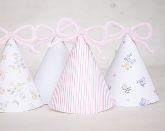 Baby Doll Party - Floral Pattern, Stripe, and Bow Watercolor Printable Party Hats Download 0102 1078