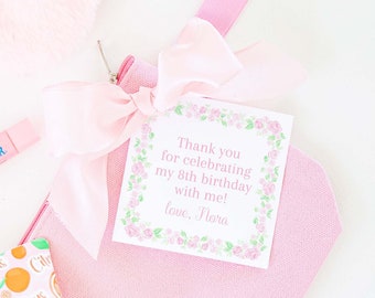 Watercolor Pink Floral Border Favor Tag | 3.5x3.5 Printable | Spa Makeup Theme Birthday Party | Pink Bow | Grandmillennial | Preppy | 5017