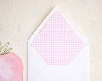 Pink Gingham Envelope Liner Download 1015 for Pink Strawberry Invitation or Pink Berry First Invitation or Pink Gingham Invitation
