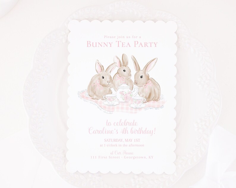 Watercolor Bunny Tea Party Invitation Editable Text Pink Some Bunny is ONE Invite Bunny Rabbit Tea Party or Baby Shower 2005