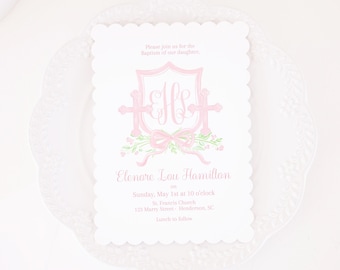 May include: A pink and white baptism invitation with a monogram and cross design. The invitation reads "Please join us for the Baptism of our daughter, Elenore Lou Hamillon on Sunday, May 1st at 10 o'clock St. Francis Church 123 Marry Savet Henderson, SC Lunch to follow".