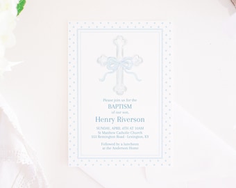 Watercolor Baptism Invitation | Watercolor Blue & White Baptism Invitation with Cross with Bow | Traditional Baby Dedication | for Boy 3001