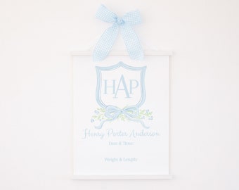 Hospital Door Sign Printable | 16x20 | Watercolor Blue Crest with Monogram & Baby Name | Announcement Crest | Welcome Newborn Stats | 20001