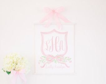 Hospital Door Sign Printable | 16x20 | Watercolor Pink Crest & Bow | Baby Announcement | Name Crest | Welcome Newborn Stats | Monogram 10001