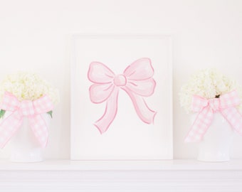 Stampa dell'arco rosa dell'acquerello / 8x10 o 16x20 / Grandmillennial Nursery Artwork / Little Baby Girl Nursery Art / Acquerello Bow Printable