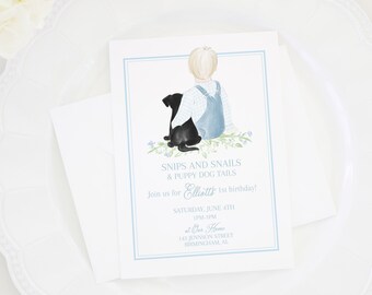 Watercolor Snips and Snails Invitation | Blonde Hair & Black Puppy | Dog Birthday Invite | Classic Birthday for Boy | Little Boy | 1027