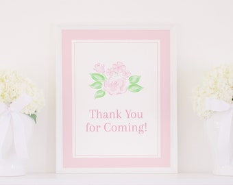 Watercolor Pink Rose Party Sign | 8x10 or 16x20 Printable | Spa Makeup Theme Birthday | Thank You for Coming | Grandmillennial  Preppy  5017