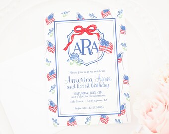 Convite | 5x7 | TODO o texto é editável | Festa de aniversário branca & azul vermelha | 4 de julho | Crista da bandeira americana em aquarela para menina | 9001