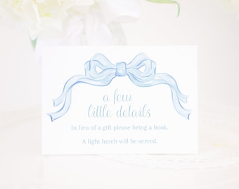 Watercolor Blue Bow Extra Insert Card Invitation | 3.5x5 Printable | Baby Shower or Birthday Party Extra Details Card or Registry  | 20004