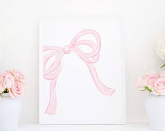 Watercolor Pink Bow Print | 8x10 or 16x20 | Grandmillennial Artwork | Little Girl Room Art | Light Pink Watercolor Bow | Preppy | Bow | 5017