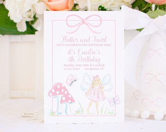 Invitación a fiesta de hadas / Imprimible / Fiesta de hadas de acuarela / Setas de jardín de hadas rosas / Primer cumpleaños de hadas / Grandmillennial / 5008