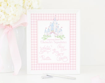 Watercolor Castle with Pink Gingham Border Character Signatures Print | 8x10 Autograph Printable | Pink Princess Autograph Book | Girl | 101