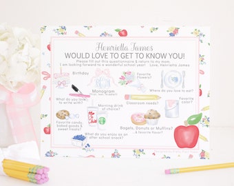 Watercolor Get to Know the Teacher Questionnaire | Printable & Editable | Teachers Favorite Things | Back to School Teacher Survey | 1055