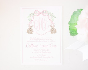 Watercolor Some Bunny is ONE Invitation | Watercolor Pink Bunny Birthday Invitation for Girl | Monogram Crest | Bunnies First Birthday  5003