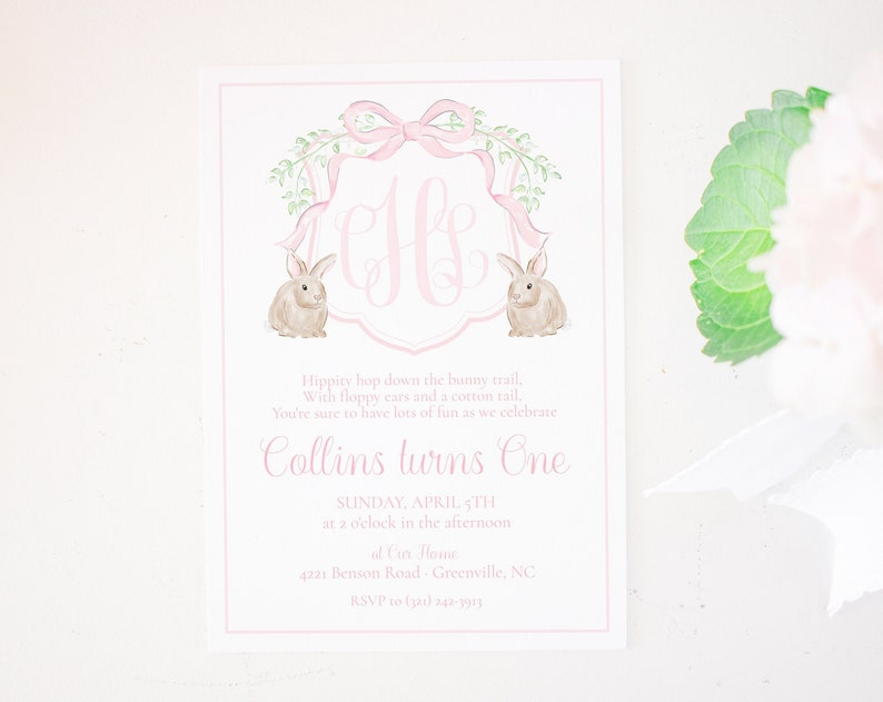 Watercolor Some Bunny is ONE Invitation Watercolor Pink Bunny Birthday Invitation for Girl Monogram Crest Bunnies First