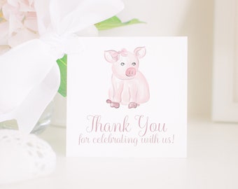 Cochon rose aquarelle avec une étiquette de faveur arc | Téléchargement imprimable | Notre anniversaire de petit cochon | Thème de fête d'anniversaire Girly Farm Animals | 1012