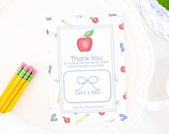 Dinner for Teacher 1st Day of School Gift Card Holder | Printable | Teacher First Day of School Gift | Watercolor | Treat Gift Tag |  1055