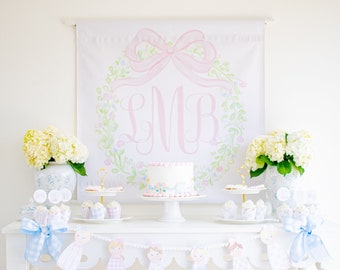 Watercolor Monogram Wreath & Pink Bow Backdrop | 36"x36" Printable Download | Wooden Peg Doll Party | Doll House Dollhouse Birthday | 5012