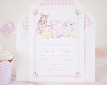 May include: Pink and white gingham envelope with a white card inside. The card has a pink border and features a watercolor illustration of a pig, a lamb, a horse, and two ducklings. The text on the card reads "OINK BAH QUACK MOO Emma Grace WANTS TO CELEBRATE WITH YOU! Join us for her 2nd birthday party Celober 19 1 o'clock at Emma's House Pretty Plain Paper."