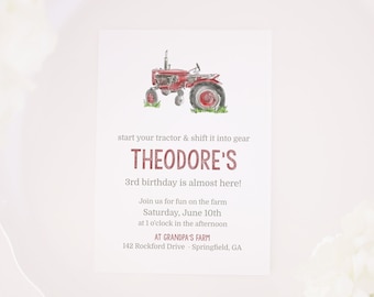 May include: Red tractor birthday party invitation with a watercolor illustration of a red tractor. The invitation says "start your tractor & shift it into gear Theodore's 3rd birthday is almost here! Join us for fun on the farm Saturday, June 10th at 1 o'clock in the afternoon AT GRANDPA'S FARM 142 Rockford Drive - Springfield, GA"