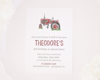 Watercolor Vintage Tractor Invitation | Vintage Farm Theme Birthday | Printable Download | Tractor Party | Red Tractor | for Boy or Girl