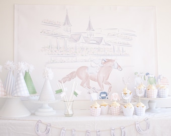 KY Derby Birthday Backdrop | Watercolor Kentucky Derby Birthday Backdrop | Horse Racing Birthday | Party Printable Backdrop Download 0106