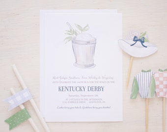 May include: A white invitation with blue text for a Kentucky Derby party. The invitation features a mint julep, a hat, and a jockey's silks. The text reads "Mint Juleps, Southern Fare, Whisky & Wagering. Let's celebrate the 146th run for the roses in the Kentucky Derby. Saturday, September 5th at 2 o'clock in the afternoon. 1532 Harbour Drive, Lexington, KY. Ladies bring your hats & Gentlemen bring your bowties!"